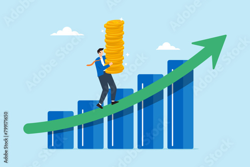 Businessman carries stack of money coins while walking up growth graph diagram, illustrating increasing revenue, income, or investment profit. Concept of growing wealth, and successful savings