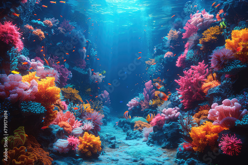 An underwater scene showcasing vibrant coral reefs and marine life  creating an enchanting and colorful backdrop for product display. Created with Ai