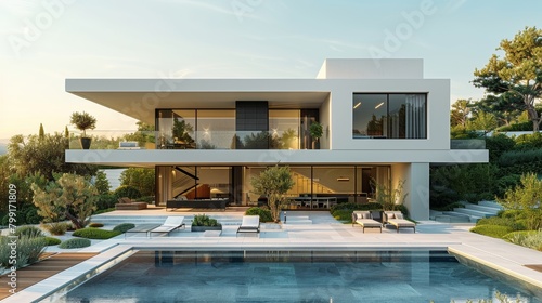 Aerial View of Modern House with Solar Panels on White Background © Exnoi