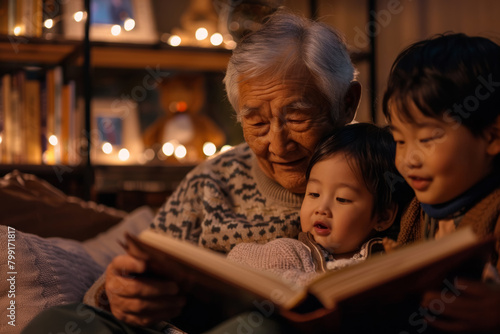 Elderly Father Reading to Grandchildren by Fireplace.