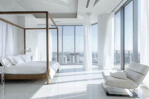 Spacious white master bedroom with a minimalist canopy bed, floor-to-ceiling windows, and a sleek, modern armchair.