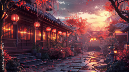 A traditional Japanese style house. lanterns red leaves and trees in full bloom. purplish sunset lights. Anime-style wallpaper. cozy lofi asian architecture. 169 4k resolution. Generative Ai photo