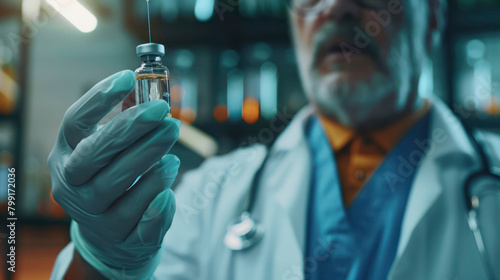 Close up doctor holding vaccine bottle and syringe. Medicine, health care and biochemical concept. photo