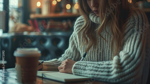 Young woman in warm sweater is working remotely at a cafe and making list in her notebook. photo