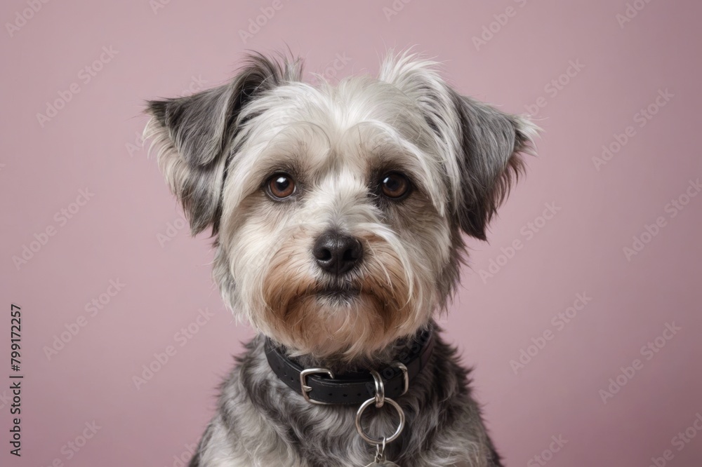 Portrait of Dandie Dinmont Terrier dog looking at camera, copy space. Studio shot.