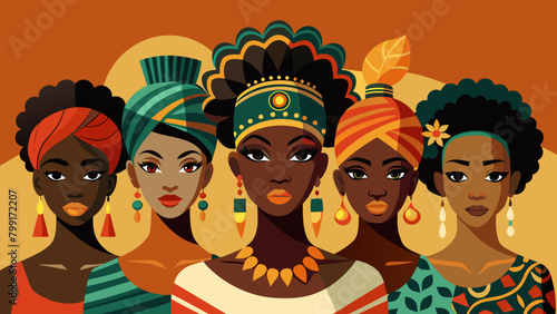 A stunning display of African headwraps with models sporting different styles and patterns showcasing the versatility and beauty of this traditional. Vector illustration