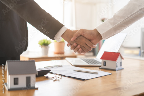 Real estate, success deal asian young woman handshake or shaking hand with landlord realtor, client male after buyer man signed rental, lease contract. Banker agreement mortgage loan, property lease.