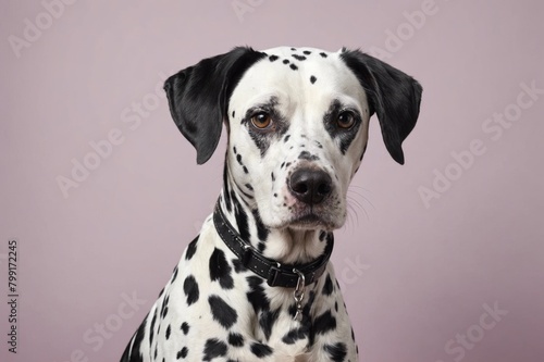 Portrait of Dalmatian dog looking at camera, copy space. Studio shot.