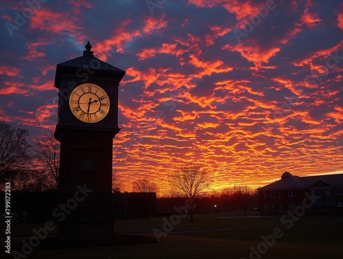 A clock tower with a clock face showing the time of 6:00. The sky is orange and the sun is setting