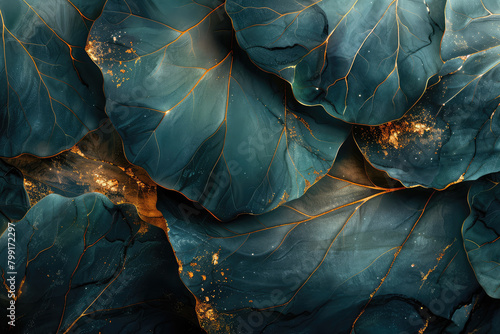 Abstract background with dark blue lotus leaves and golden veins. Created with Ai