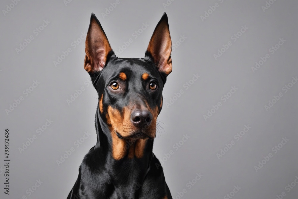 Portrait of Doberman Pinscher dog looking at camera, copy space. Studio shot. Portrait of Doberman Pinscher dog looking at camera, copy space. Studio shot.