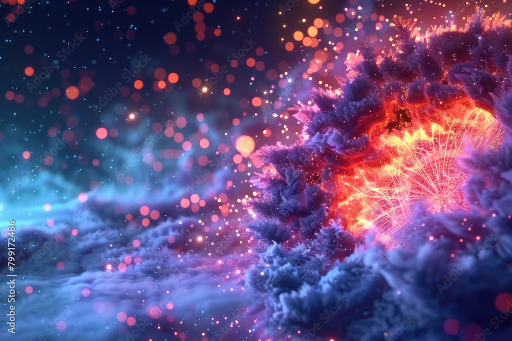 Immerse yourself in the breathtaking spectacle of a cosmic explosion, where vivid celestial landscapes and fiery radiant energy combine to create a visually stunning universe.