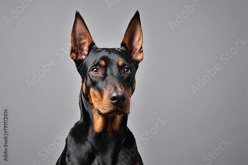 Portrait of Doberman Pinscher dog looking at camera, copy space. Studio shot.