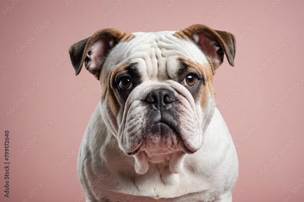 Portrait of English Bulldog dog looking at camera, copy space. Studio shot.