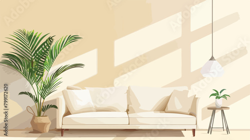Stylish sofa and houseplant near beige wall Vector illustration