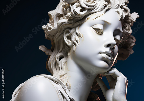 Greek Goddess Sculpture Pensive Nymph Head Muse in Black & White 3D Rendering Classic Greek Statue Art Design