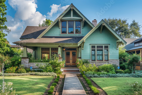The front view of a refreshing mint green cottage craftsman style house, with a triple pitched roof, inviting landscaping, a direct sidewalk, and picturesque curb appeal.