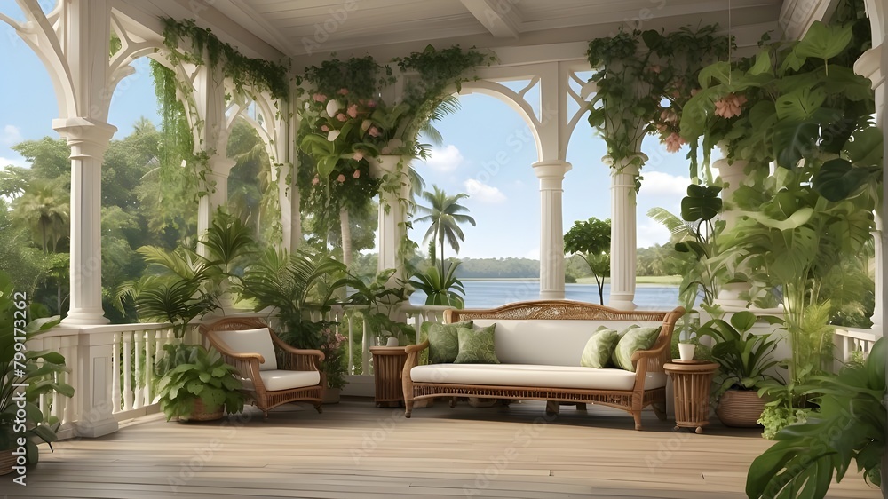 A photorealistic depiction of a colonial-style porch by the riverside ...