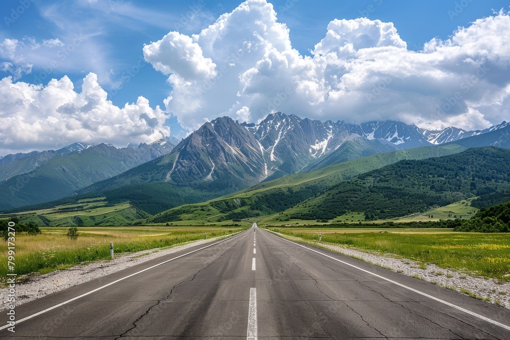 Highway landscape at colorful sunset in summer. Mountain road landscape at dusk. Beautiful nature scenery in green mountains. Travel landscape for summer vacation on highway. High quality photo