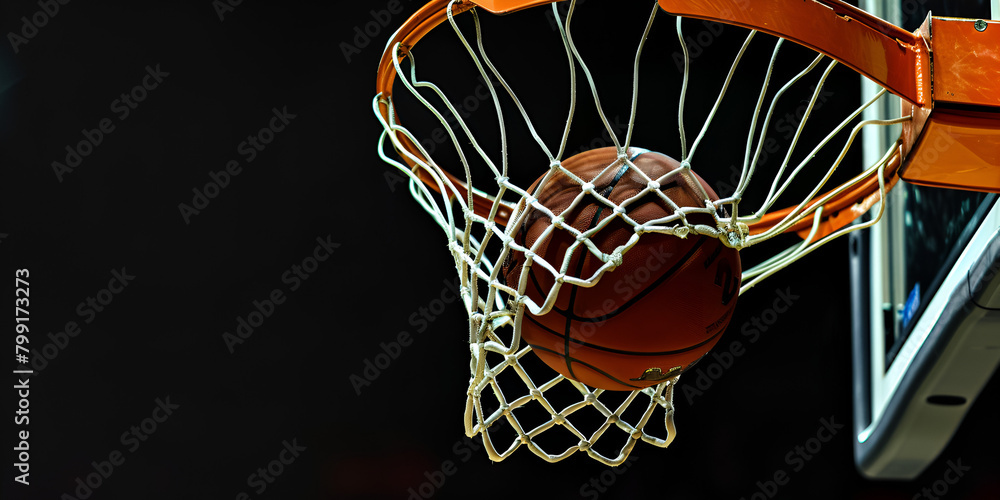 Basketball in hoop isolated on black background