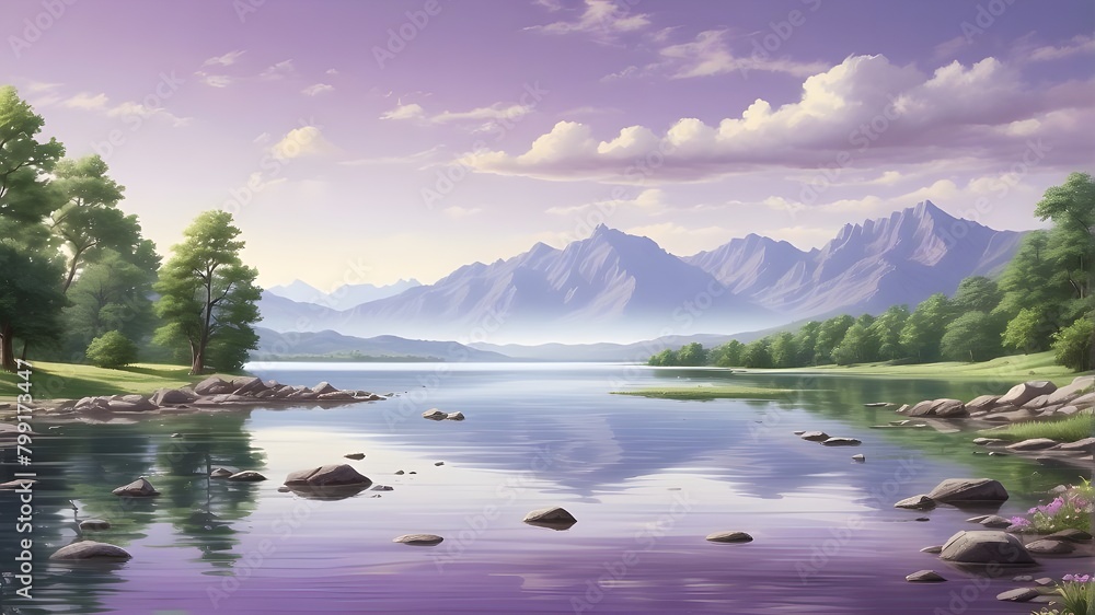  A photorealistic depiction of a lake landscape with a purple background, capturing the serene beauty of nature. The image showcases the calm waters of the lake reflecting the surrounding scenery, wit