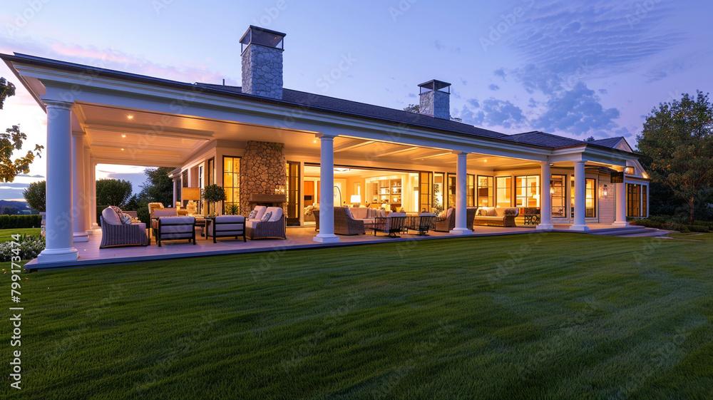 Luxury home's exterior at sunset cozy interior ambiance plush porch seating and neat lawn.