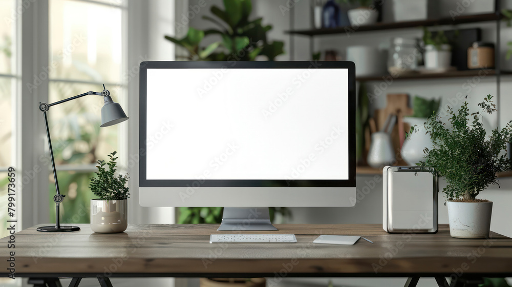 Blank computer desktop, houseplants and office supplies on desk. Comfortable workspace. Blank computer desktop, houseplants and office supplies on desk. Comfortable workspace.