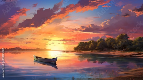 As the day comes to a close, the sky is set ablaze with the colors of dusk, casting a warm glow over the lone boat anchored along the tranquil coastline © pipo