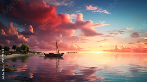 As the day draws to a close, the sky is illuminated in a breathtaking display of colors, casting a serene glow over the solitary boat anchored by the shore photo