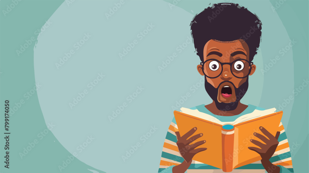 Surprised African-American man reading books on light