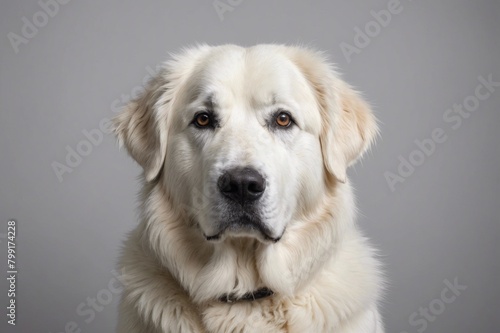 Portrait of Great Pyrenees dog looking at camera, copy space. Studio shot.