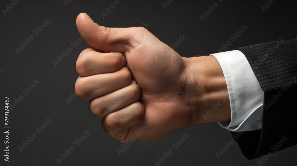 A business professional's hand giving a thumbs up as a sign of approval or success in a well-tailored suit
