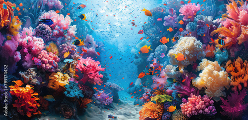 A vibrant coral reef teeming with colorful fish and marine life. Created with Ai