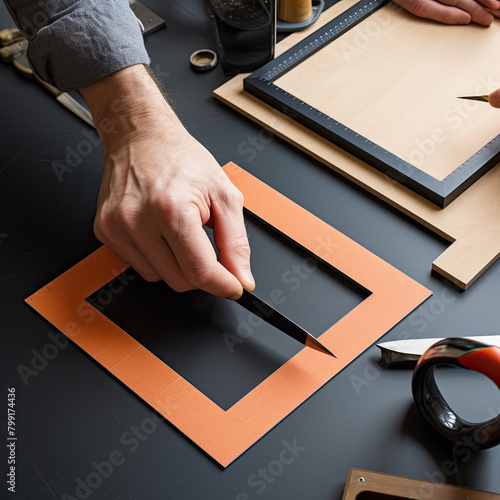 Artisan crafting a picture frame insert with precision and care photo