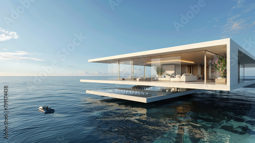 Ultra-modern beachfront property with innovative architecture  featuring a cantilevered terrace over the sea for a floating effect.