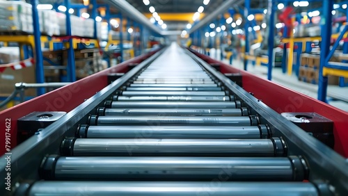 Roller conveyor transporting items on a production line. Concept Automated Manufacturing, Conveyor Systems, Production Efficiency, Industrial Technology, Material Handling