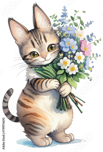A kitten with a bouquet of flowers. Watercolor print