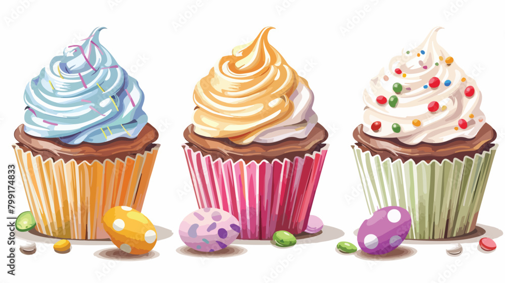 Sweet Easter cupcakes on white background Vector illustration