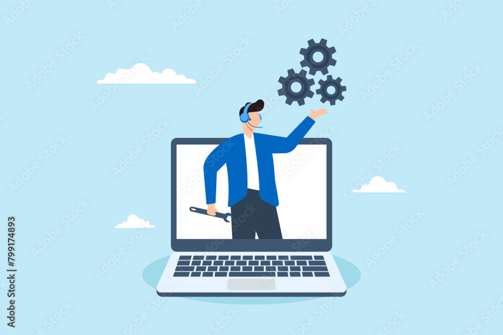 Helpful man wearing headset conversation with customer, assisting in solving computer problem. Concept of support staff in resolving technical issues, help desk or operator, phone calls Helpful man wearing headset conversation with customer, assisting in solving computer problem. Concept of support staff in resolving technical issues, help desk or operator, phone calls