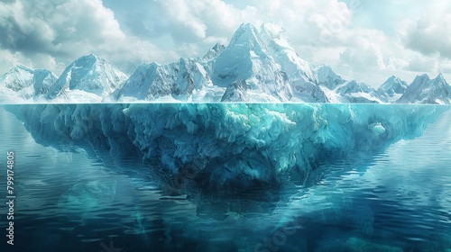 The image shows a large iceberg floating in the ocean