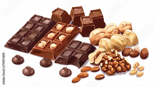Sweet chocolate with nuts on white background Vector