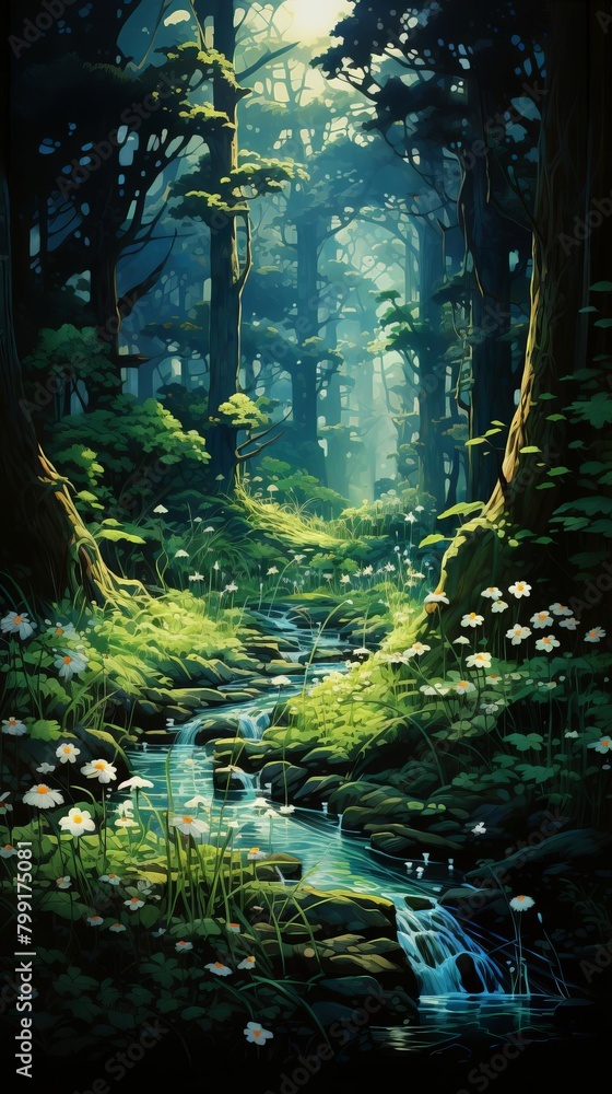 Fototapeta premium Immerse in a serene forest inhabited by sentient plants and whimsical creatures, blending aspects of nature documentary realism with a dreamlike Impressionist touch