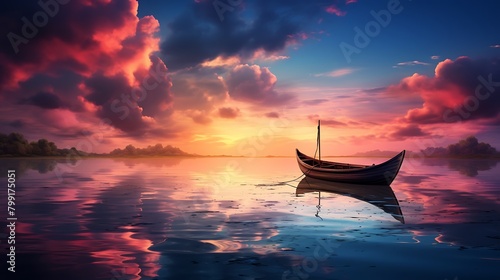 The beauty of twilight unfolds in this breathtaking image, with the solitary boat gently bobbing along the shoreline against the backdrop of a stunning sunset