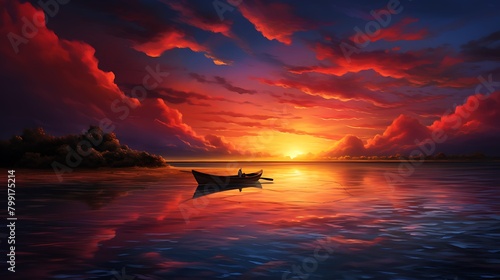 The calmness of twilight descends upon the scene, with the solitary boat adrift on the serene waters as the sun sets in a blaze of colors photo