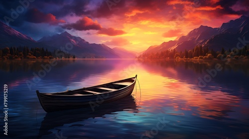 The calmness of twilight descends upon the scene, with the solitary boat adrift on the serene waters as the sun sets in a blaze of colors