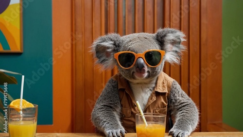cat in a glass of juice,A koala is sitting on a table, holding a cup, and has a second cup and a bowl on the table. There are two chairs, one on the left and one on the right. The background is a gree photo