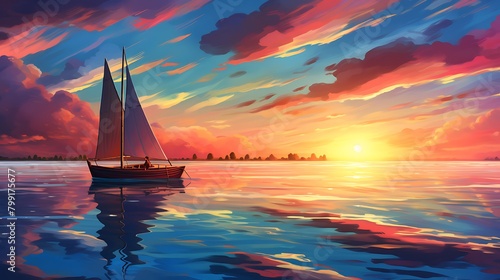 The captivating beauty of nature is on full display as the sun dips below the horizon, painting the sky in vibrant hues above the solitary boat on the calm waters