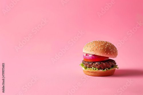 a Hamburger on a pink background, in the style of cinquecento, captured essence of the moment, layered expressiveness, intricate cut-outs backgrounds, film photography, studio photography photo