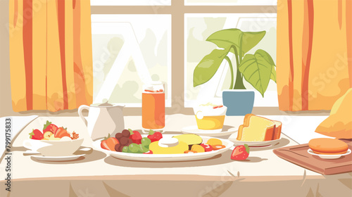 Table with tasty breakfast on bed Vector illustration