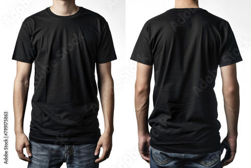 Young male in blank black t-shirt, front and back view, isolated white background with clipping path. Design men t shirt template and mock-up for print photo